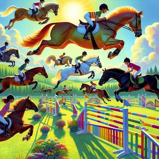 A vibrant illustration of young riders jumping horses in a sunny field, with a variety of horse breeds and colorful fences, capturing the spirit of pony jumping.