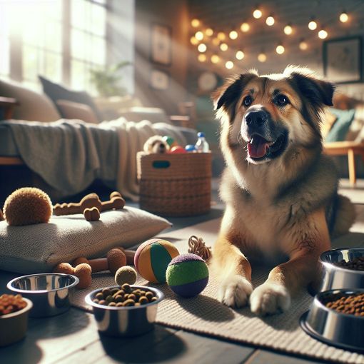 A friendly dog surrounded by toys and food in a cozy home environment, evoking a sense of care and companionship.