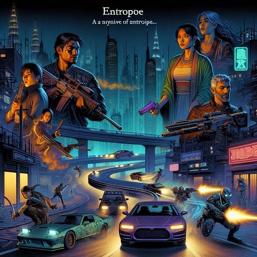 A dystopian cityscape with characters representing different archetypes from a chaotic narrative, showcasing elements like car chases, weapons, and nighttime settings.