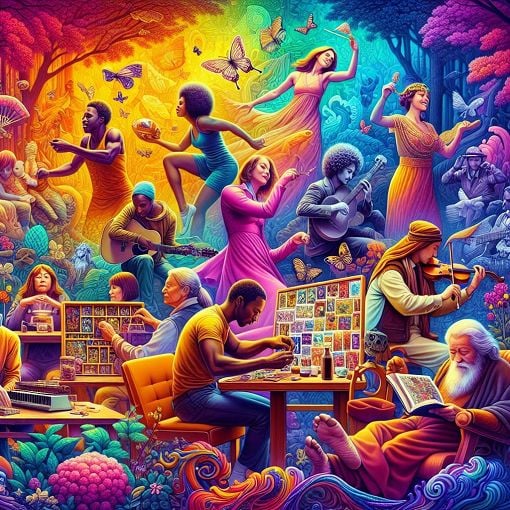 A colorful and whimsical illustration of a diverse group of people enjoying various activities related to their passions and hobbies, set against a vibrant background of nature and fantasy elements.