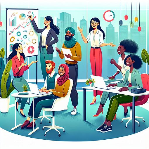 A colorful illustration of a fun and engaging office environment with diverse team members working and interacting, incorporating elements of teamwork and lightheartedness.