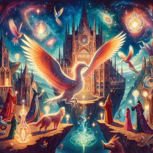 A whimsical illustration of Hogwarts School surrounded by magical creatures and students in wizarding robes, with a starry sky and floating candles.