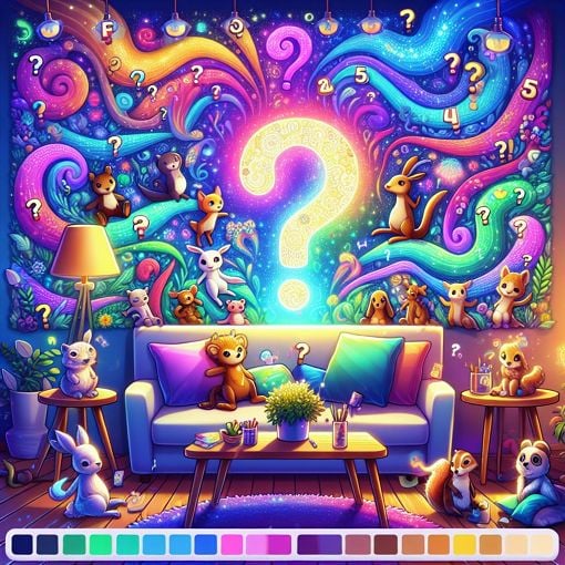 Create a vibrant and playful illustration of a fun quiz atmosphere, featuring colorful question marks, a cozy setting, and personalized elements like favorite colors and animals.