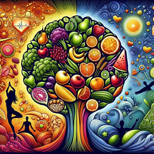 an engaging and colorful illustration depicting a variety of nutritious foods arranged in a creative and appealing manner, with a backdrop of a vibrant health and wellness theme