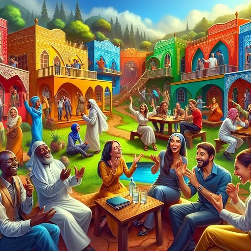 A vibrant and colorful villa scene with characters discussing relationships and quoting each other, in a playful and engaging style.