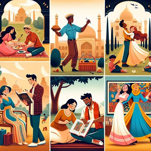 A whimsical illustration showing diverse couples enjoying different activities such as a picnic, concert, and museum, with a colorful, inviting background