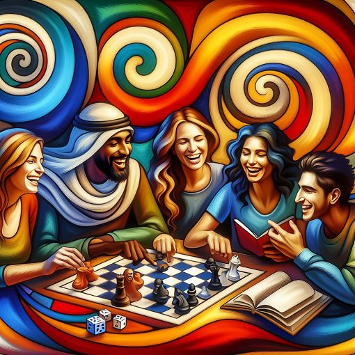 An abstract representation of friendship and familiarity, featuring diverse friends engaging in fun activities, with a vibrant and colorful background.