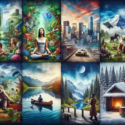 A dreamy and colorful collage featuring a tranquil garden, a bustling city skyline, a serene lake, and a cozy cabin, symbolizing diverse personality traits and dream environments.