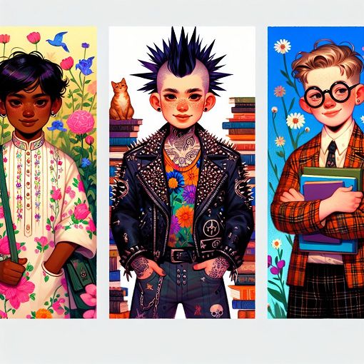 A whimsical illustration depicting different types of boys based on unique aesthetics, including flower boys, punk boys, and nerdy boys, in a colorful and fun setting.