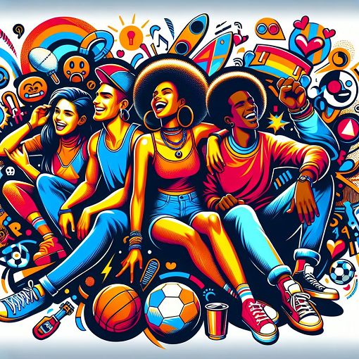 A vibrant and dynamic illustration of a group of friends chilling together, highlighting elements of sports, camaraderie, and youth culture, with symbols representing friendship, loyalty, and fun activities.