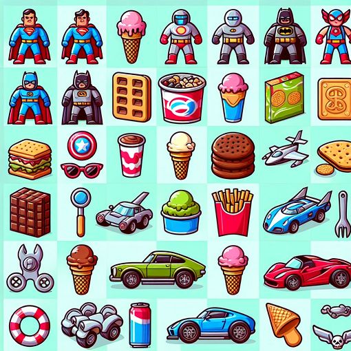 An illustrated collage of various favorite items like superheroes, ice cream, cars, and snacks with a quirky cartoon style.