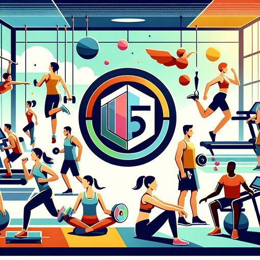 Create an image showing a fitness club environment with a diverse group of people engaged in various activities, bright colors, and a welcoming atmosphere, showcasing the branding of TP5 emotionally.