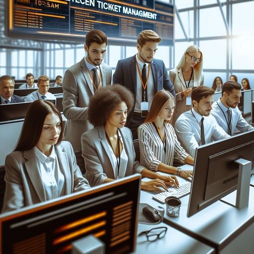 A professional office setting with a team of staff members discussing ticket management and SLAM processes, using laptops and digital devices to interact with software systems.