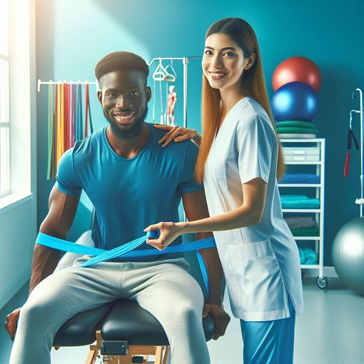 Create an image of a physiotherapist working with a patient in a clinical setting, showcasing various physiotherapy equipment, vibrant colors, and a positive atmosphere.