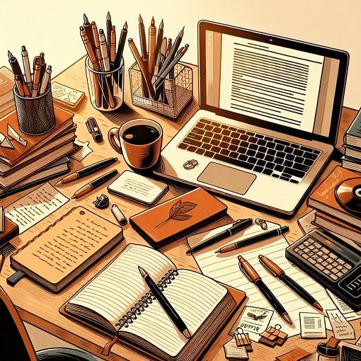 A cozy workspace with notebooks, pens, and a laptop surrounded by writing books and a coffee mug, with an inviting atmosphere for creative writing.