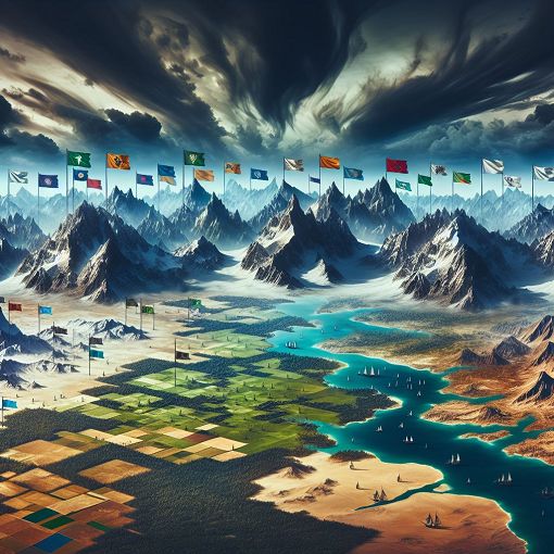 A fantasy-inspired military map featuring diverse terrains like mountains, deserts, and forests, with distinct flags representing fictional countries, under a dramatic sky.