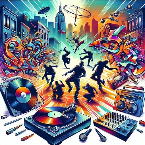 A vibrant illustration celebrating hip hop culture, featuring breakdancers, graffiti art, and music elements like turntables and microphones, in an urban setting.