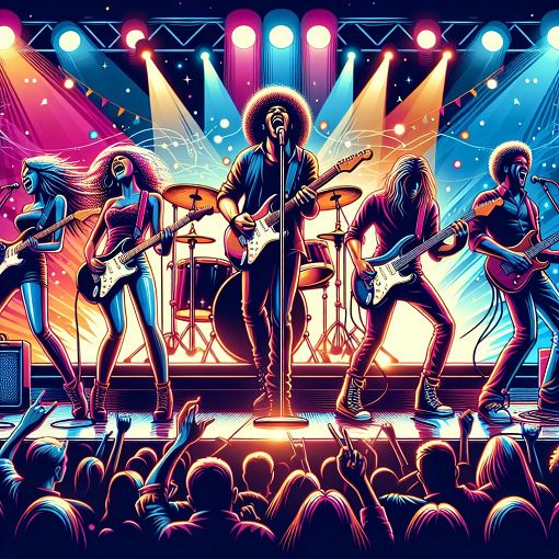 A vibrant rock music-themed illustration featuring iconic elements like electric guitars, drums, and band members playing live on stage, set against a colorful concert background to reflect the spirit of rock music.