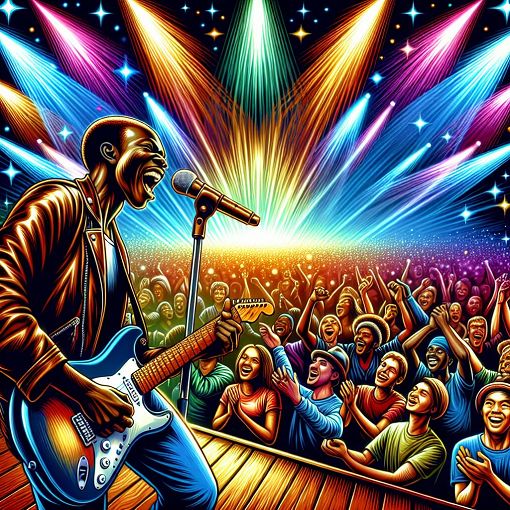 A vibrant illustration of a rock concert, featuring a guitarist on stage with colorful lights and an enthusiastic crowd, encapsulating the essence of rock music.