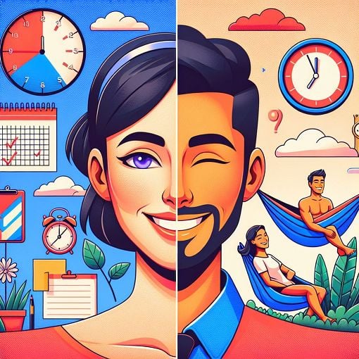 A colorful and vibrant illustration showing a split personality, with one side being energetic and organized (Type A) and the other side being relaxed and easy-going (Type B), depicting both sides of the personality spectrum, in a modern and playful style.