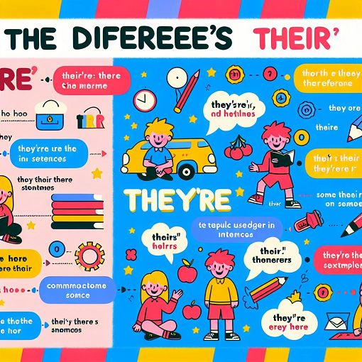 An infographic showing the differences between 'there', 'their', and 'they're' with colorful illustrations and examples.