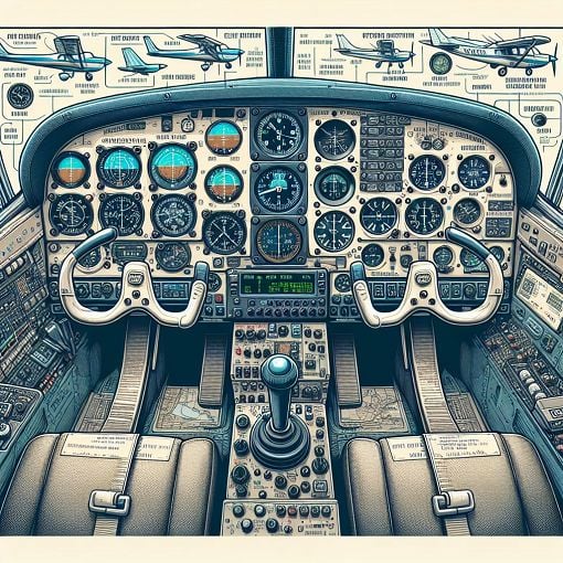 A detailed illustration of the Cessna 172 cockpit with labeled instruments and flight navigation tools, showcasing aviation knowledge themes.