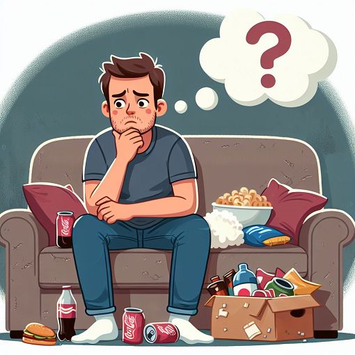 A cartoonish illustration of a guy sitting on a couch, surrounded by empty soda cans and snacks, looking contemplative with a thought bubble showing question marks about dating and friendship.