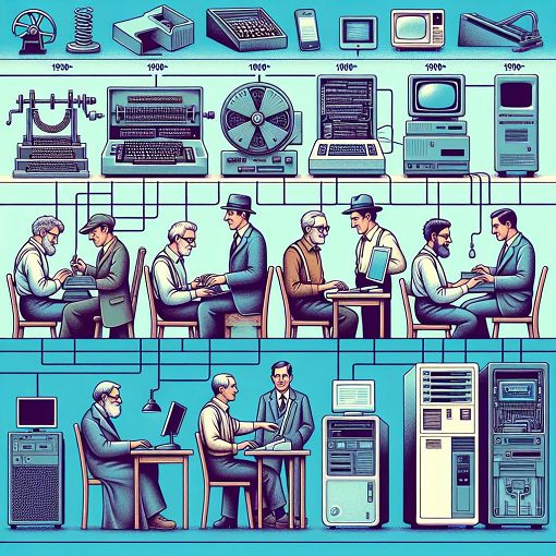 Create an image that depicts the evolution of computers from early mechanical devices to modern AI technology, showcasing iconic machines and inventors throughout history.