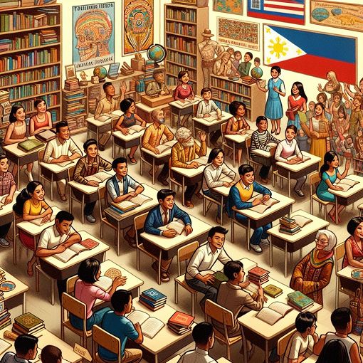 A vibrant classroom scene with students engaging in a Filipino language and literature discussion, surrounded by books and educational materials, emphasizing the importance of Filipino culture and education.