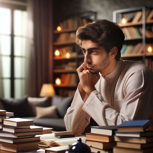 A thoughtful college student sitting at a desk, surrounded by books, looking contemplative. The background should have a cozy, studious environment, with light streaming in from a window, conveying a sense of stress and hope.