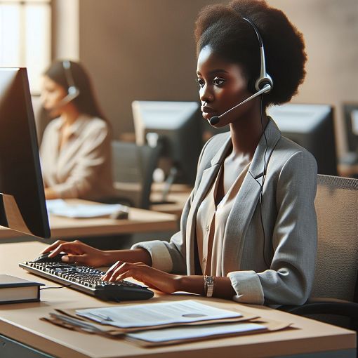 Create an image of a call center agent working at a desk with a headset, surrounded by call scripts and compliance manuals, emphasizing a professional atmosphere.