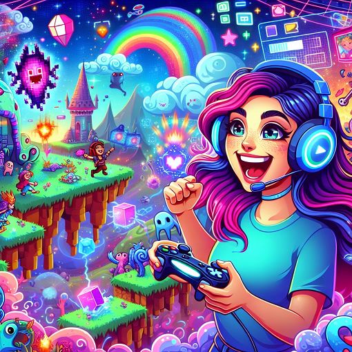 A vibrant and colorful illustration of a YouTuber playing video games, surrounded by gaming elements and a joyful atmosphere.