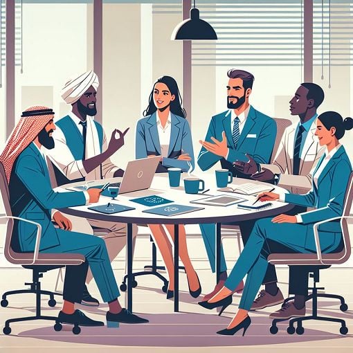 A visually engaging graphic showing people in a professional setting discussing ideas, with expressions of collaboration and conflict resolution.