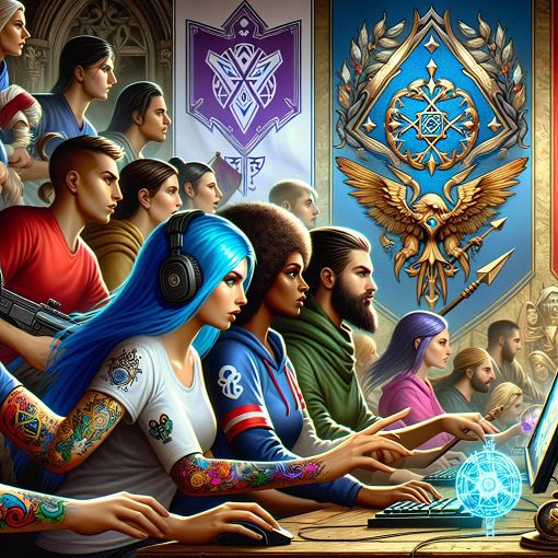 An illustration of a gaming community, featuring players in action with guild symbols and icons representing multiplayer gaming, capturing a lively and competitive atmosphere.