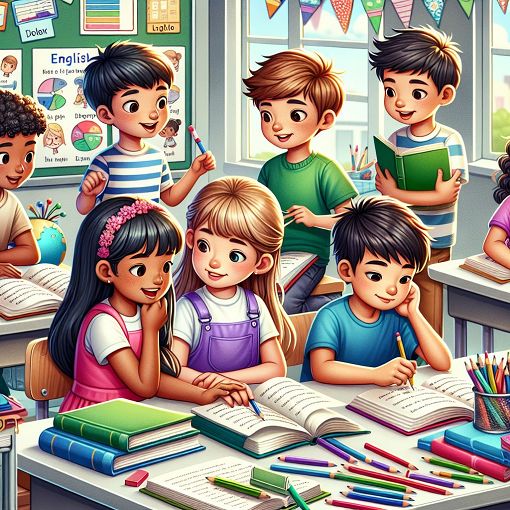 A colorful, engaging classroom scene with children reading, writing, and discussing in pairs, showcasing elements of English language learning, such as books, pencils, and charts.