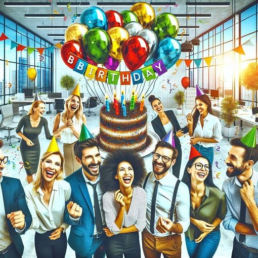 A vibrant, celebratory image featuring a group of happy colleagues in a modern office setting, decorated with birthday-themed elements like balloons, streamers, and a cake, with elements representing teamwork and camaraderie in a corporate environment.