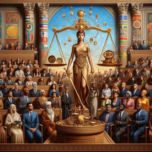 A visually engaging image representing the themes of international law, criminal justice systems, and rehabilitation, featuring symbols like scales of justice, court buildings, and a diverse group of people participating in legal processes.