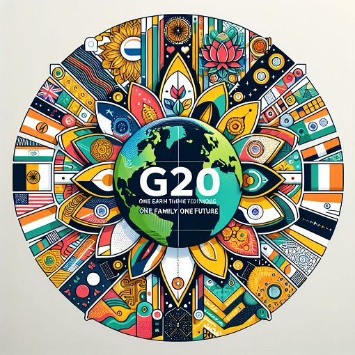 Create an image showcasing the elements of the G20 summit, featuring symbols like flags of the G20 countries, the lotus flower representing India, and the theme 'One Earth One Family One Future'. Include vibrant colors and a modern design.