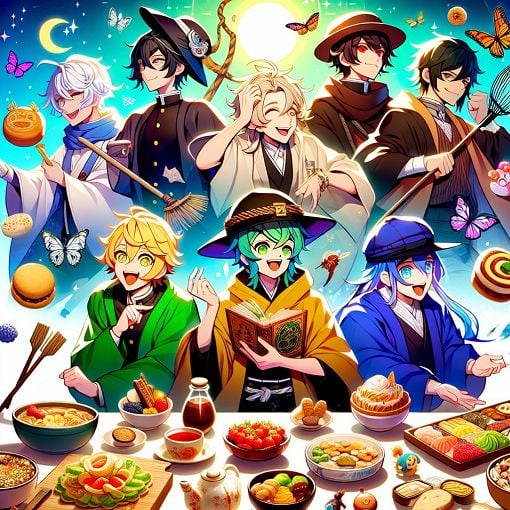 A vibrant and colorful illustration featuring characters and elements from the anime TBHK, showcasing magical and playful scenes, with character designs and iconic food items, conveying a sense of fun and curiosity.