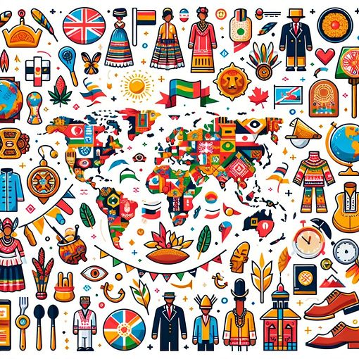 Create an image depicting an eclectic global culture theme, featuring traditional symbols, flags, and maps from various countries around the world, with vibrant colors and engaging elements that represent customs and etiquette.