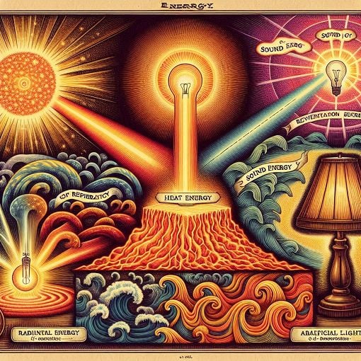 A colorful illustration depicting various forms of energy such as light, heat, and sound, along with images of natural light sources like the sun and artificial light sources like a lamp.