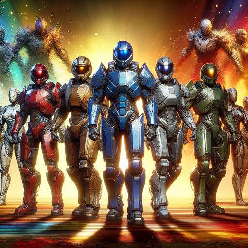 A colorful digital illustration of various Halo characters standing together in a dynamic gaming setting, with a vibrant background that suggests excitement and camaraderie.