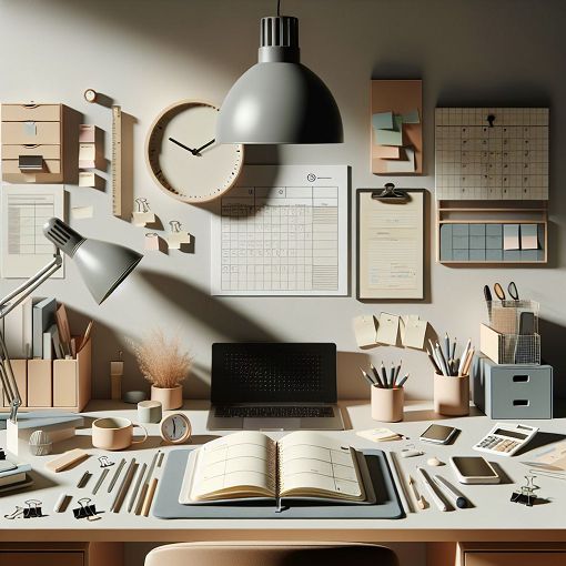 A motivational office setting with a clock, planner, and tools for time management, emphasizing productivity and focus.