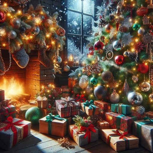 A festive Christmas scene with decorations, a Christmas tree, and holiday-themed elements like snowflakes, gifts, and a warm fireplace ambiance.