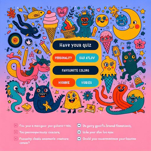 A whimsical illustration of a colorful quiz with elements representing personality traits, favorite colors, and fun hobbies, such as Poke?mon and ice cream, in a vibrant and engaging style.