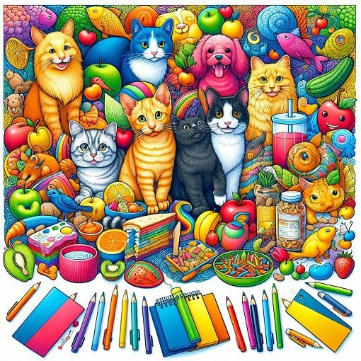 A vibrant and whimsical illustration of various pets, predominantly cats, alongside illustrations of food, colors, and school supplies, showcasing a playful and engaging theme.