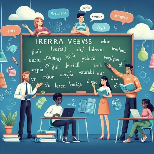 A visually appealing illustration depicting various irregular verbs in a fun, educational setting, with elements like a chalkboard and cartoon characters studying together.