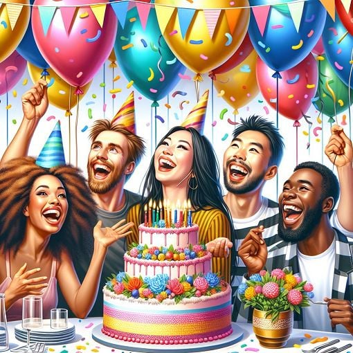 A colorful celebration scene featuring a birthday party with balloons, cake, and friends laughing together, reflecting a fun quiz atmosphere.