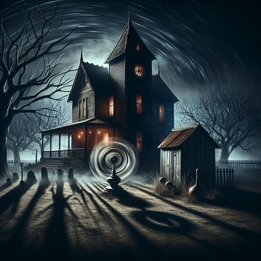 A spooky, atmospheric illustration of a house at night with dark shadows and eerie lighting, showcasing elements like a spinning object, a dusty shed, and an open window inviting mystery.