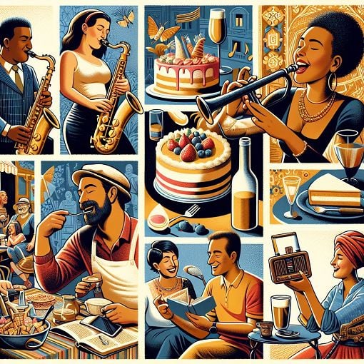 A colorful illustration of diverse people enjoying music, dessert, and various leisure activities, symbolizing different personality traits.